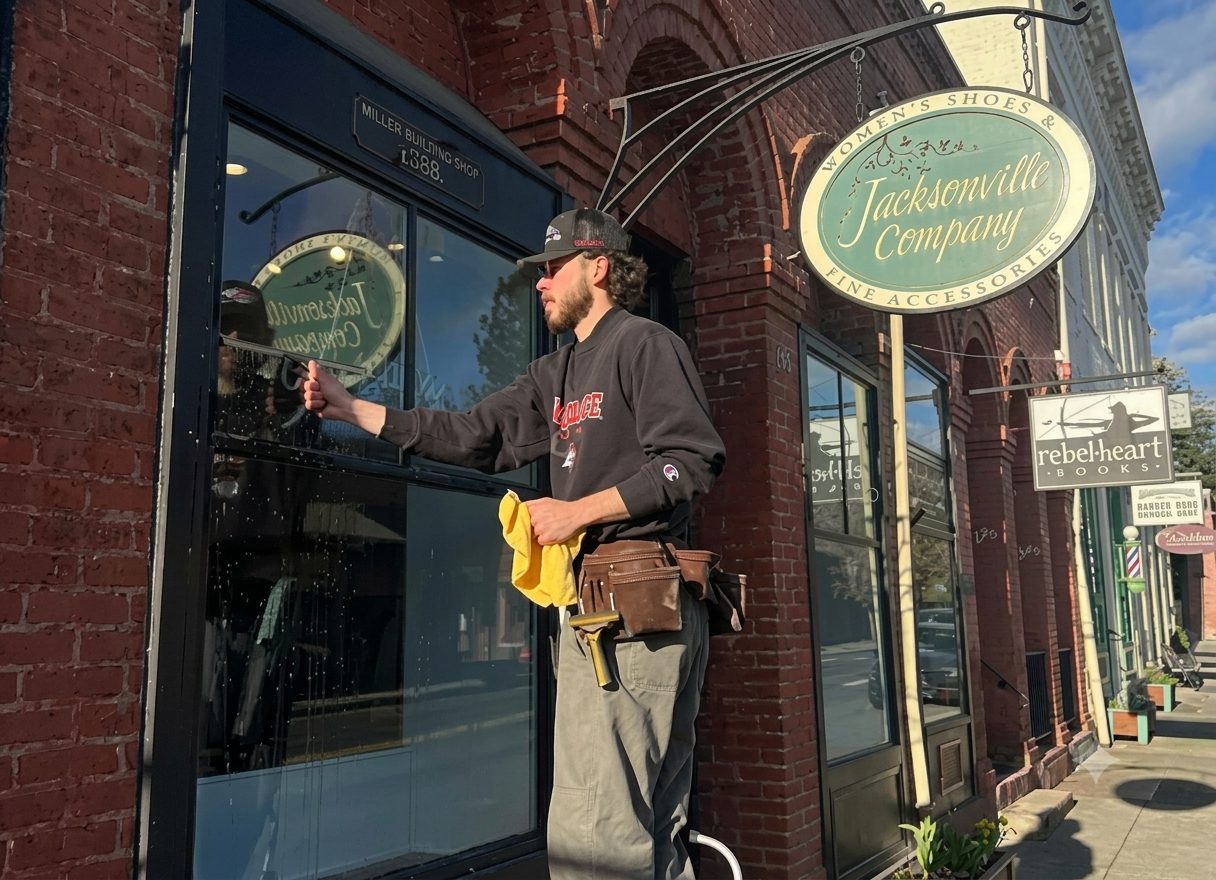 A Valley Boys technician squeegees a storefront window in downtown Jacksonville, Oregon