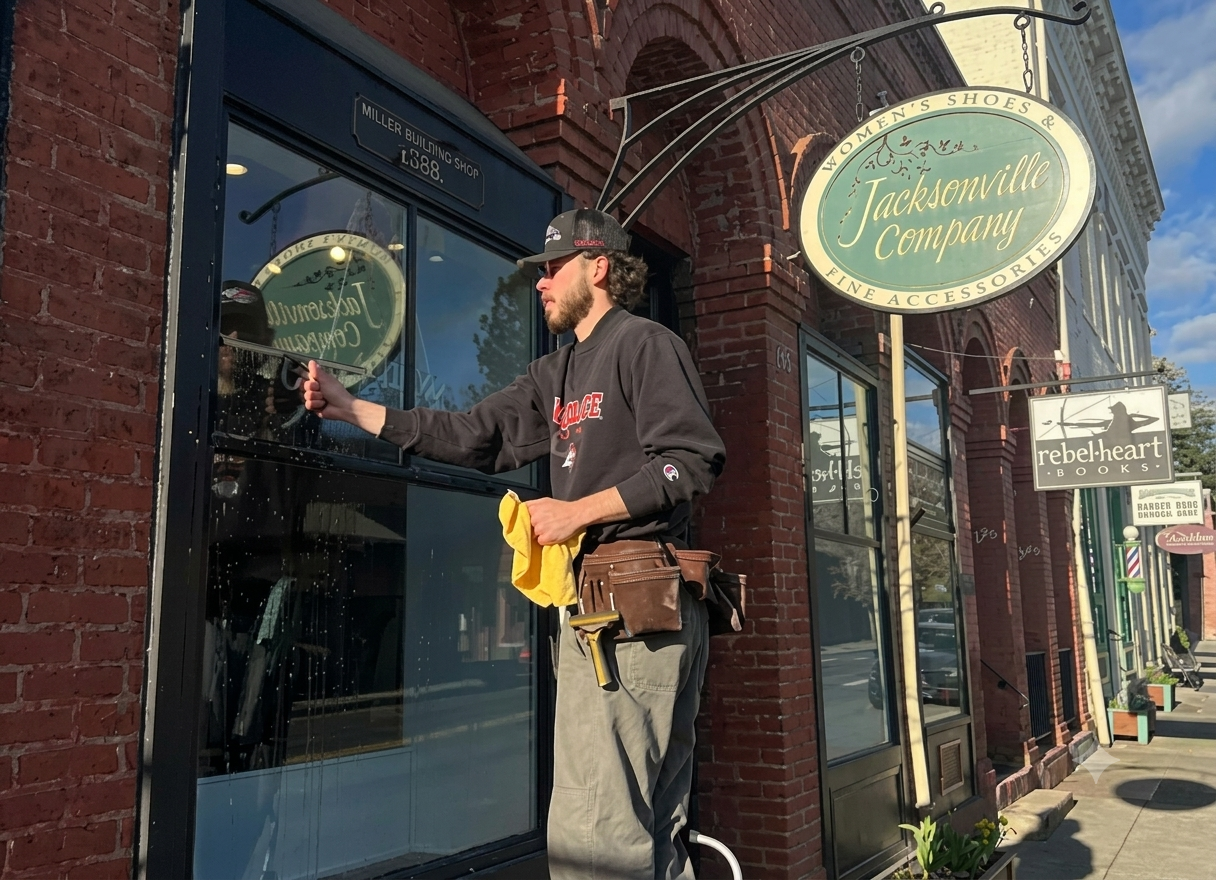 A Valley Boys technician squeegees a storefront window in downtown Jacksonville, Oregon
